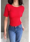 Sırt Dekolteli Basic Gofre Bluz
