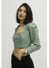 Sırt Lastikli Dekolteli Deri Bluz Yeşil - P-019690