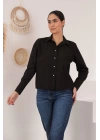 Soft Kumaş Crop Kadın İnci Düğme Detay Gömlek-Acı Kahve