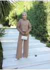 Taş düğmeli ikili triko takım vizon