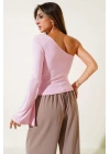Tek Omuzlu Basic Bluz Pembe T4275