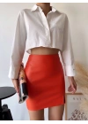 Tek yırtmaçlı arkadan fermuarlı deri etek turuncu s24475