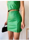Tek yırtmaçlı arkadan fermuarlı deri etek yeşil s24475