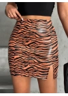 Tek yırtmaçlı zebra desenli deri etek kahvesiyah w24475-S