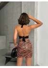 Tek yırtmaçlı zebra desenli deri etek kahvesiyah w24475-S