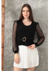 Tokalı tül kollu bluz siyah t4071