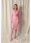 Triko Kumaş Dekolteli Pembe Elbise