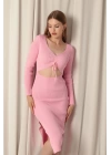 Triko Kumaş Dekolteli Pembe Elbise