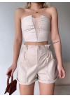 Tüllü deri crop bej w24615