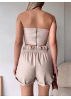Tüllü deri crop bej w24615