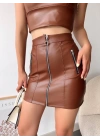 Üç fermuarlı deri etek kahve s24510