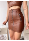 Üç fermuarlı deri etek kahve s24510