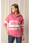 Üç İplik Michigan Baskılı Fermuarlı Kadın Pembe Sweat