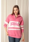 Üç İplik Michigan Baskılı Fermuarlı Kadın Pembe Sweat