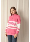 Üç İplik Michigan Baskılı Fermuarlı Kadın Pembe Sweat