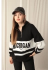 Üç İplik Michigan Baskılı Fermuarlı Kadın Siyah Sweat