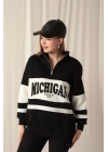 Üç İplik Michigan Baskılı Fermuarlı Kadın Siyah Sweat