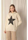 Üç İplik Yıldız Baskılı Kapüşonlu Kadın Bej Sweat