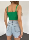 V Yaka Askılı Crop Triko Büstiyer Yeşil - DF2202