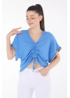 V yaka büzgülü detaylı bluz