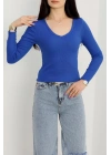 V yaka kaşkorse bluz saks mavisi a3699