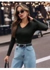 V yaka kaşkorse bluz siyah w3817