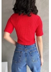 V Yaka Önü Bağlamalı Gofre Crop Bluz