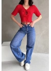 V Yaka Önü Bağlamalı Gofre Crop Bluz