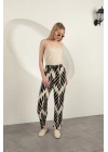 Viskon Kumaş Yaprak Desen Pantolon-Siyah