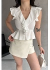 Yakası Ve Kolları Volanlı Crep Bluz