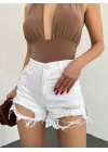 Yıkamalı Lazer Yırtıklı Mini Denim Şort