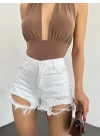 Yıkamalı Lazer Yırtıklı Mini Denim Şort