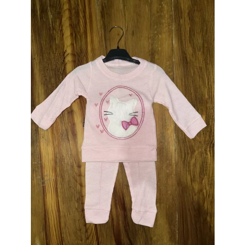 3-12 aylık kedi desen işlemeli takım pembe