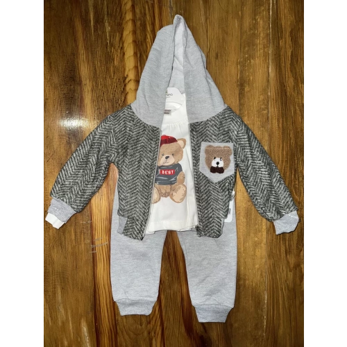6-24 aylık ceketli kapşonlu üçlü takım gribeyaz