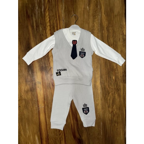 6-24 aylık kravatlı üçlü takım gri