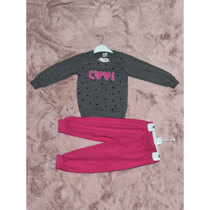 3-7 yaş pontiyeli ikili alt üst takım gri fuşya kız çocuk