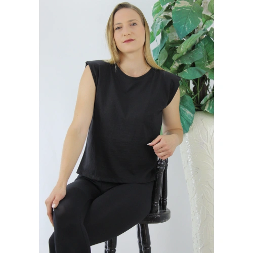 Omuz Vatkalı T-Shirt Siyah - Lks01.10