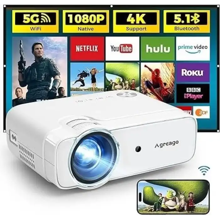 Agreago WiFi ve Bluetooth projektör, 5G WiFi Yerel 1080P 14000L 4K Desteği