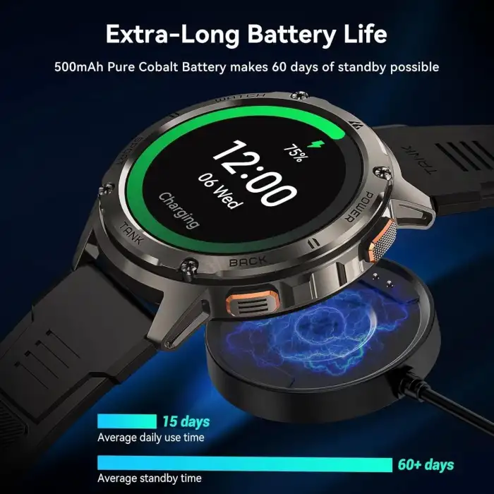 AMAZTIM Akıllı Saat, 60 Gün Pil Ömrü, Yüzme Dalış, Tam Metal - Siyah