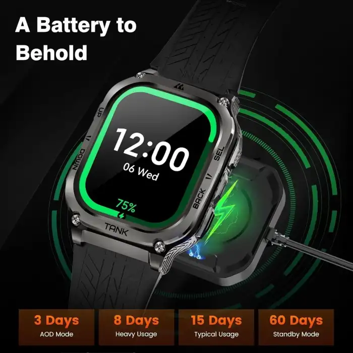 AMAZTIM Akıllı Saat, 60 Gün Pil Ömrü, Yüzme Dalışı Full Metal - Siyah