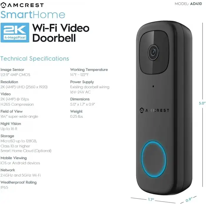 Amcrest 4MP Video Kapı Zili Kamerası Pro, Dış Mekan Akıllı Ev 2.4GHz ve 5GHz WiFi