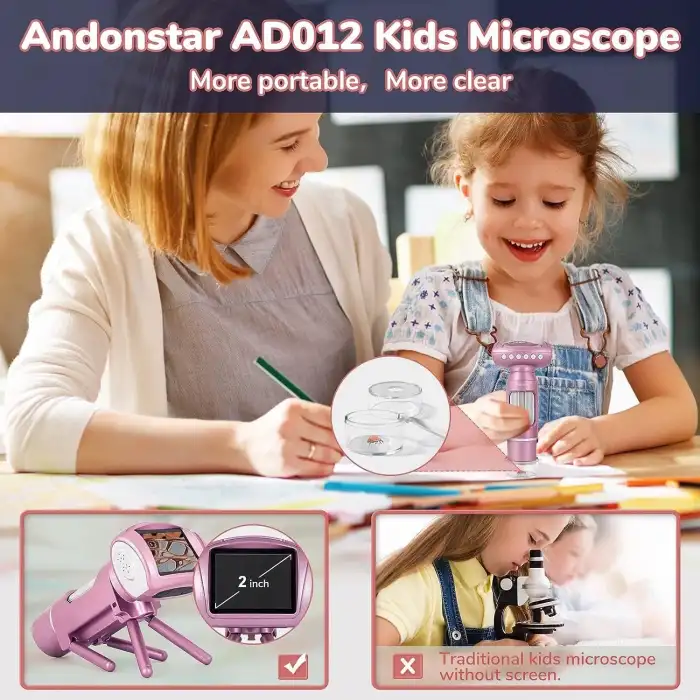 Andonstar AD012 Çocuklar İçin Taşınabilir Mikroskop Kiti Pembe