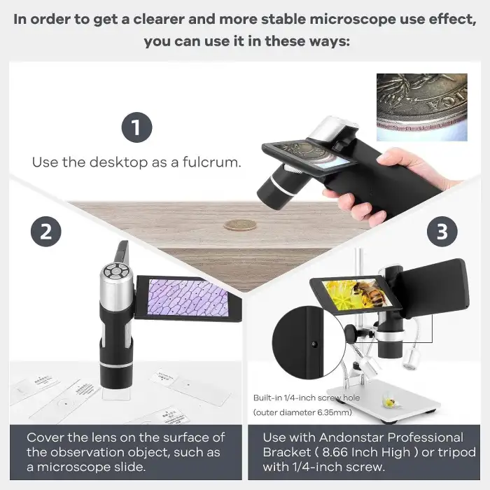 Andonstar AD203 Dijital Mikroskop - Metal Standlı ve Led Işıklı