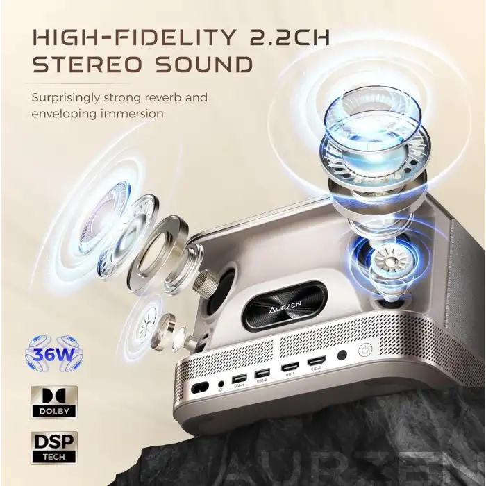 Aurzen Boom 3 WiFi ve Bluetooth - 3D DoIby, 36W Hoparlör 500 ANSI 4K Destekli, Altın