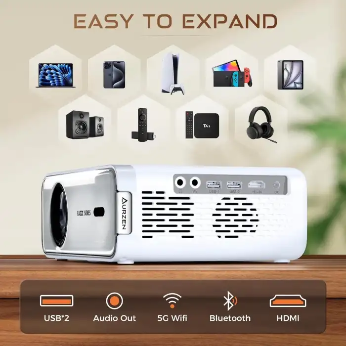 Aurzen Eazze D1 Akıllı Projektör WiFi ve Bluetooth - Yerel 1080P Film - Gümüş