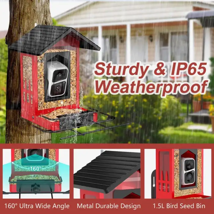 BirdSnap APS - Kameralı Güneş Panelli Metal Kuş Yemliği 2K HD - Kırmızı