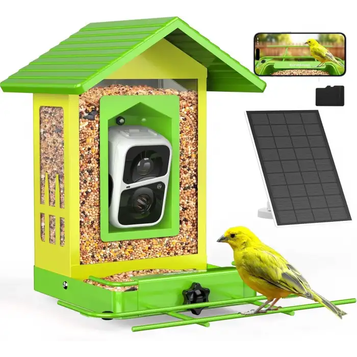 BirdSnap APS - Kameralı Güneş Panelli Metal Kuş Yemliği 2K HD - Sarı/Yeşil
