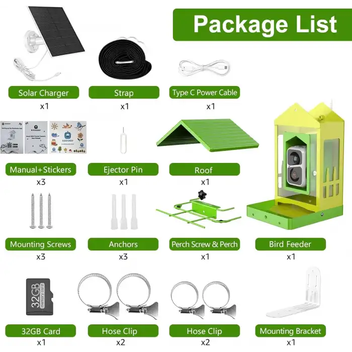 BirdSnap APS - Kameralı Güneş Panelli Metal Kuş Yemliği 2K HD - Sarı/Yeşil