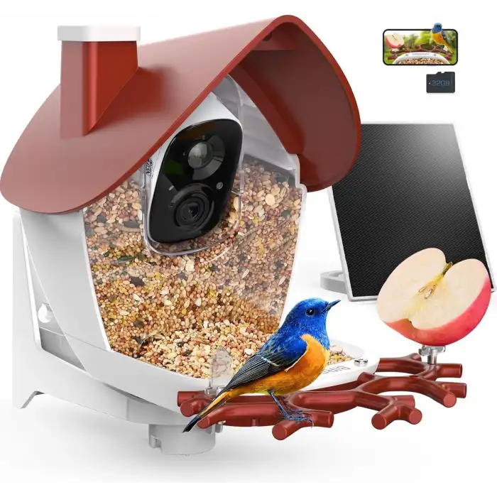 BirdSnap P33 - Güneş Enerjili 2K Video Canlı Kuş Kamerası Yemliği - Kırmızı