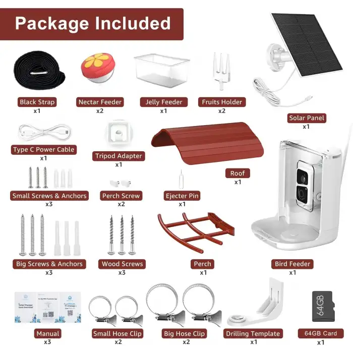 BirdSnap PAV - Akıllı Kuş Yemliği, Güneş Enerjili Kamera 2K HD - Kırmızı